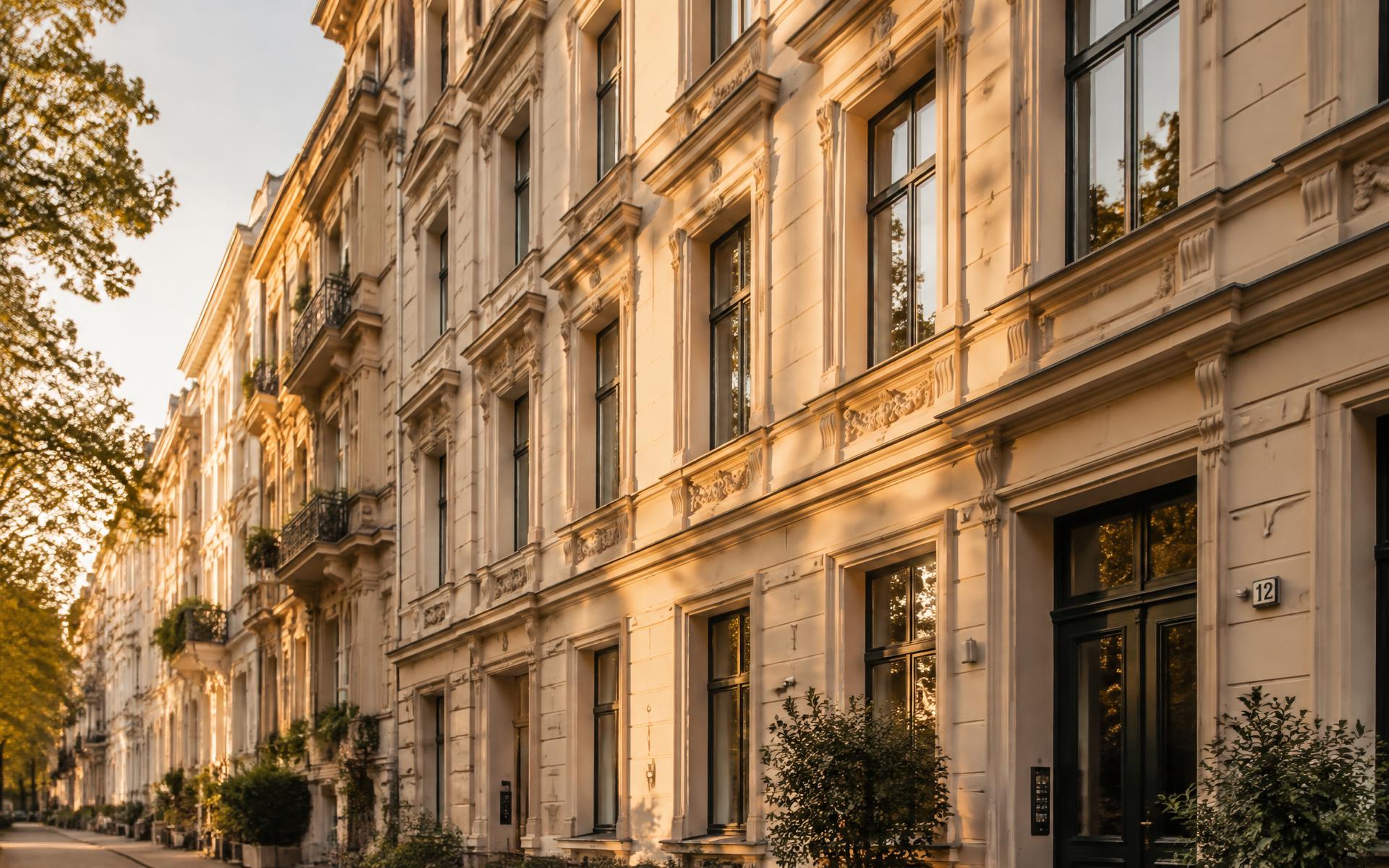 Berliner Altbaufassade im Abendlicht